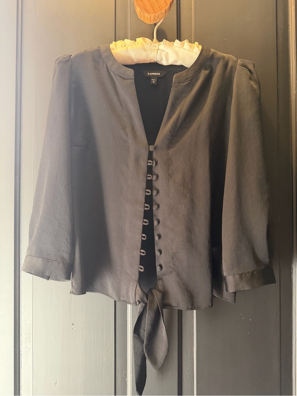Express Black Tie-Front Button-Down Blouse. 3/4 Sleeves. X-Small
